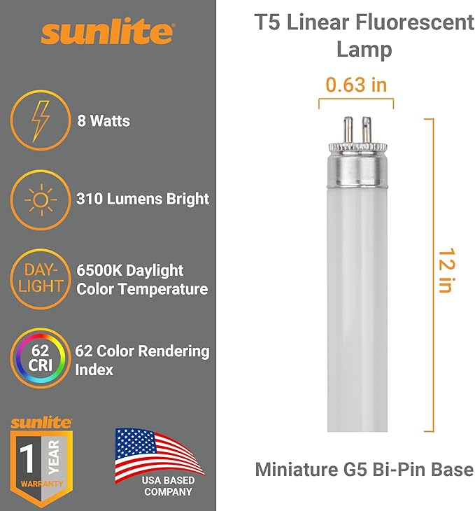 Sunlite 12-Inch F8T5/DL T5 Linear Fluorescent Lamp, 8 Watts, 310 Lumens, 6500K Daylight, Miniature G5 Bi-Pin Base, ROHS Compliant, High Performance Straight Tube, 10 Pack