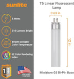 Sunlite 12-Inch F8T5/DL T5 Linear Fluorescent Lamp, 8 Watts, 310 Lumens, 6500K Daylight, Miniature G5 Bi-Pin Base, ROHS Compliant, High Performance Straight Tube, 10 Pack