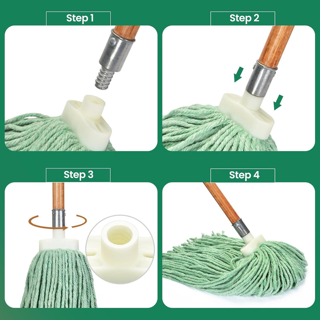 Matthew Cleaning Screw-on Heavy Duty Cotton Wet Mop Replacement Heads(Green, Medium,12 Pack) with 2 Pack Microfiber Cloth for Residential & Commercial Floor Cleaning Use- Fit Standard American Screw