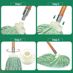 Matthew Cleaning Screw-on Heavy Duty Cotton Wet Mop Replacement Heads(Green, Medium,12 Pack) with 2 Pack Microfiber Cloth for Residential & Commercial Floor Cleaning Use- Fit Standard American Screw