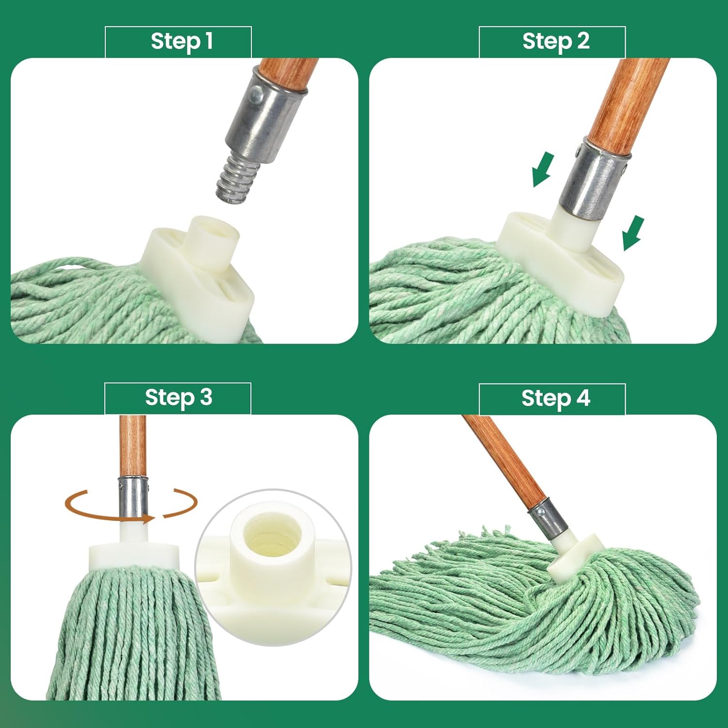 Matthew Cleaning Screw-on Heavy Duty Cotton Wet Mop Replacement Heads(Green, Medium,3Pack) with 2 Pack Microfiber Cloth for Residential & Commercial Floor Cleaning Use- Fit Standard American Screw