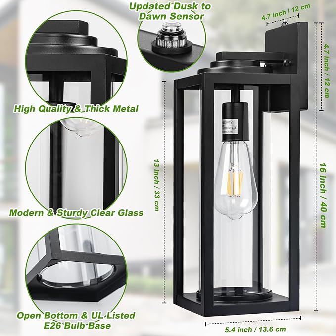 Dusk to Dawn Outdoor Wall Light Fixtures - 2 Packs Exterior Waterproof Outdoor Lighting, Modern Porch Sconces Wall Mounted Lighting, Industrial Anti-rust Matte Black Outside Lantern for Front Door