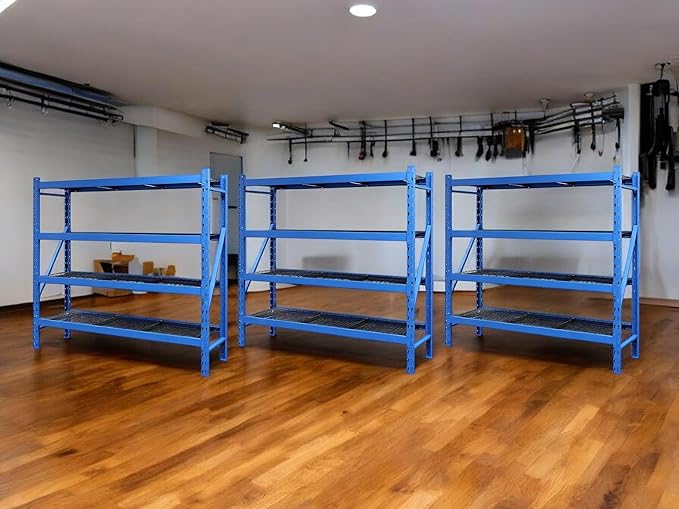 Heavy Duty Member Mark 4-Shelf Industrial Storage Rack, 77" W x 24" D x 72" H (Blue, 3 Pack)
