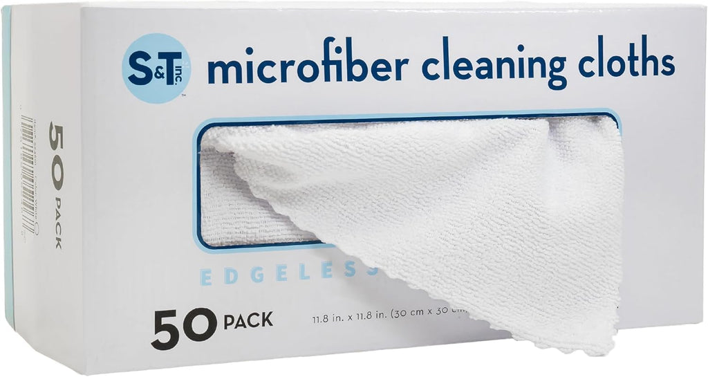 S&T INC. 50 Pack Microfiber Cleaning Cloth with Box, Bulk Towels for Home, Reusable Microfiber Towels for Cars, Cleaning Rags, White, 11.8 Inches x 11.8 Inches, 50 Count