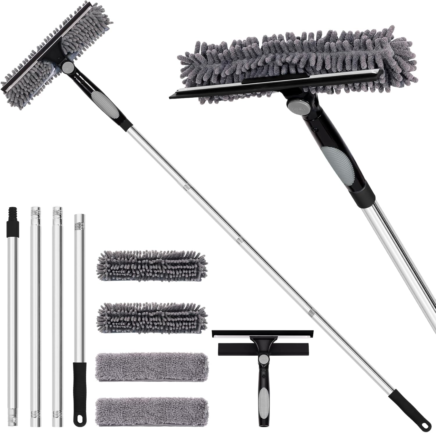 Professional 72'' Window Squeegee Cleaning Washing Tool/Kit with Extension Pole, 3 in 1 Squeegee for Window Cleaning Kit for High Window with 1 Rotatable Head 4 Interchangeable Scrubber