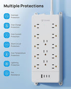 TROND 360° Rotating Flat Plug, Surge Protector Power Strip, 13AC Widely Spaced Outlets Expansion with 3 USB C Ports, 4000J, 5ft Extension Cord Heavy Duty, Wall Mount, Under Desk, ETL Listed, White