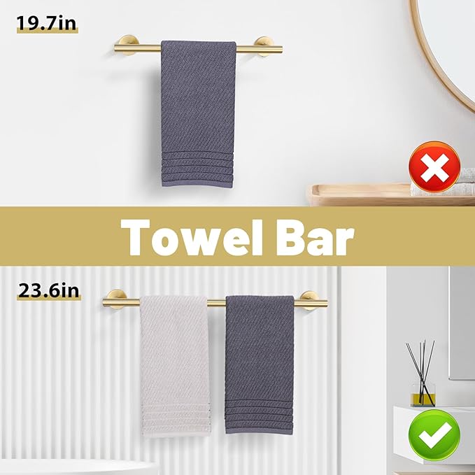 Brushed Gold Bathroom Hardware Accessories Set 4 Pieces Towel Bar Set Modern Round Towel Ring 19.68 in Towel Bar Towel Hook and Toilet Paper Holder Stainless Steel Wall Mounted