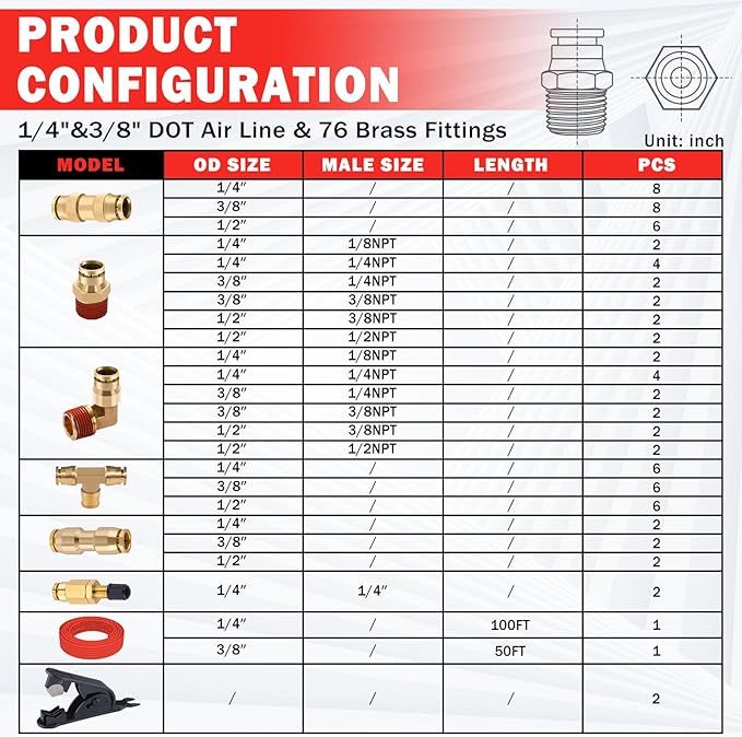 CheeMuii 76 PCS Brass DOT Air Line Fittings with 100FT 1/4" and 50FT 3/8" Red DOT Air Lines Kit Push Lock Air Line Quick Connect Fittings with Pneumatic Tubing Set