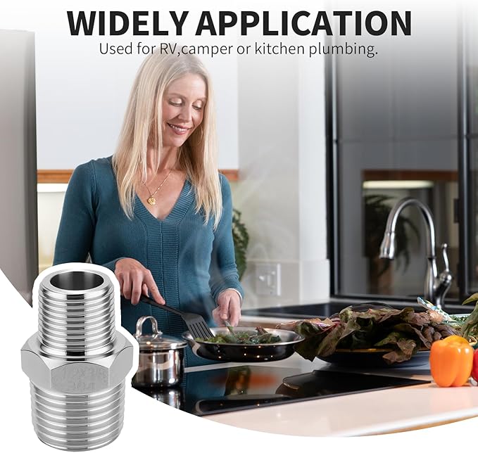 4 Pack 1/2 to 3/8 Reducer Faucet Adapter 304 Pipe Fitting 3/8 Male to 1/2 Male Supply Line Adapter for RV Kitchen Plumbing Water Hose Pipe Connector with Rubber Washer