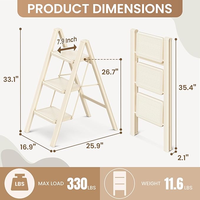 GameGem 3 Step Ladder Folding Step Stool with Wide Anti-Slip Pedal, 330LBS Capacity, Lightweight Portable Stepladder for Home and Kitchen Use, Cream White