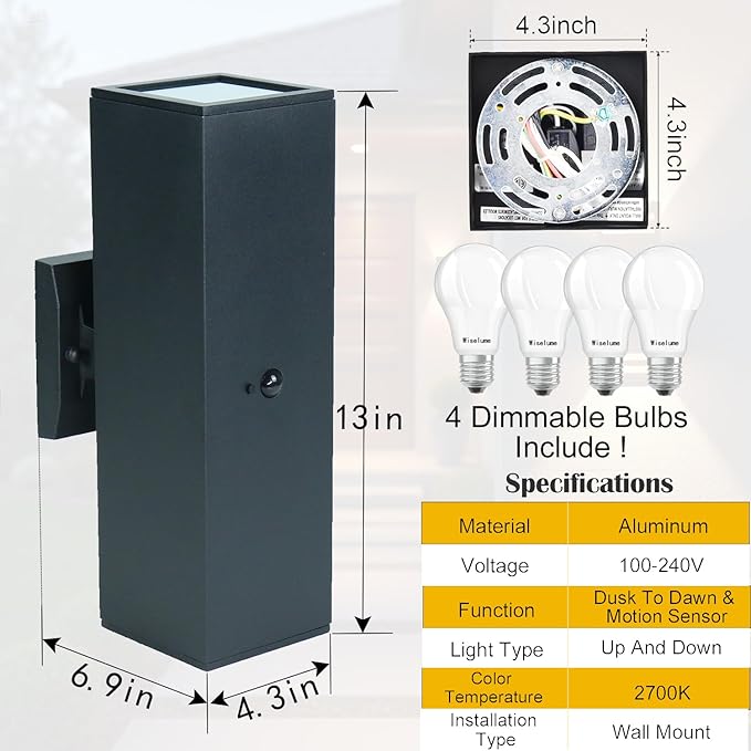 2 Pack Motion Sensor Outdoor Wall Lights, Dusk to Dawn Up & Down Sconces with E26 Dimmable LED Bulbs, Black Aluminum Porch, Patio, Garage,Front Door Lighting Fixtures, ETL Listed