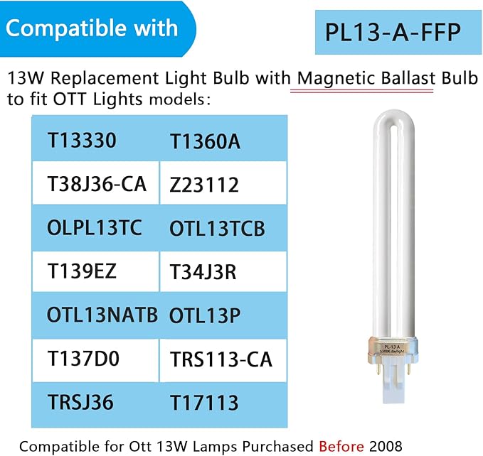 PL13-A-FFP 13W Type A Fluorescent Light Bulb with Magnetic Ballast,Replace for Ottlite Lamps Purchased Before 2008,T13330,5500K Bright Natural Daylight,GX23 Base,2Pack