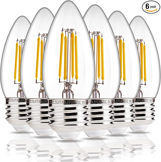 ALAMPEVER E26 LED Bulb 60W Equivalent, Dimmable B11 Candelabra Light Bulbs, 2700K Soft White, 450LM, Vintage Edison Style, Perfect for Ceiling Fans & Home Decor, 6 Pack