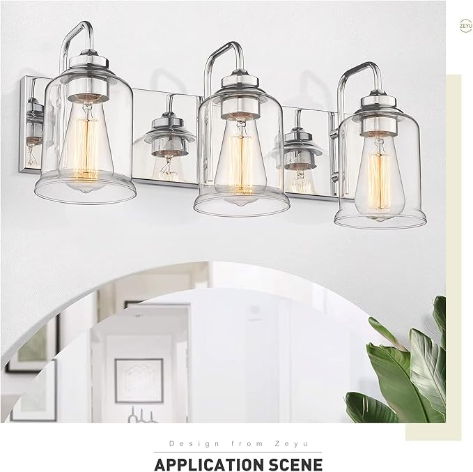 zeyu 3-Light Modern Vanity Lights for Bathroom, 20.5" Industrial Bathroom Lights Over Mirror with Clear Glass Shade, Chrome Finish, ZSL72B-3W CH