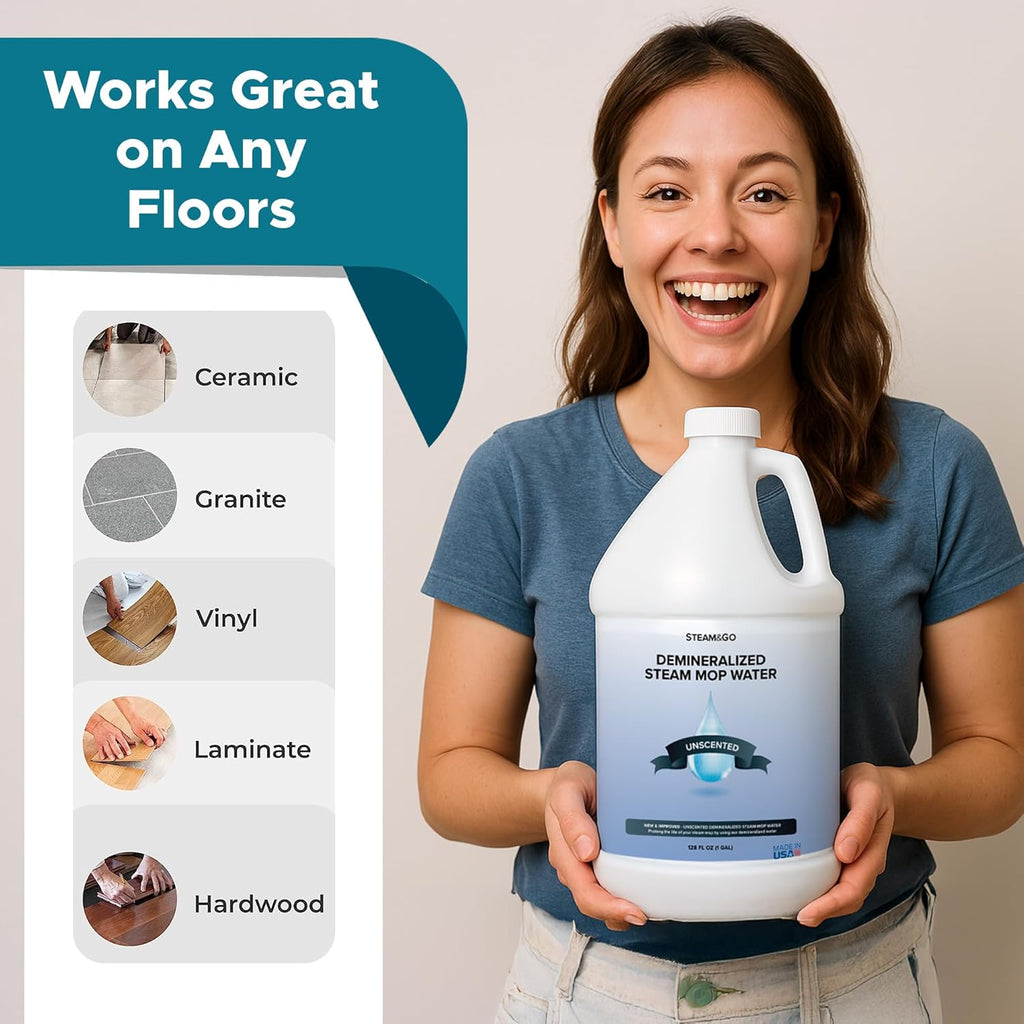 Steam and Go Unscented Demineralized Water - Cleaning Solution for Steam Mop, Floor Cleaner Solution, & More - Ready-to-Use Multi-Surface Floor Cleaning Solution - No PVC - 128 Fl. Oz