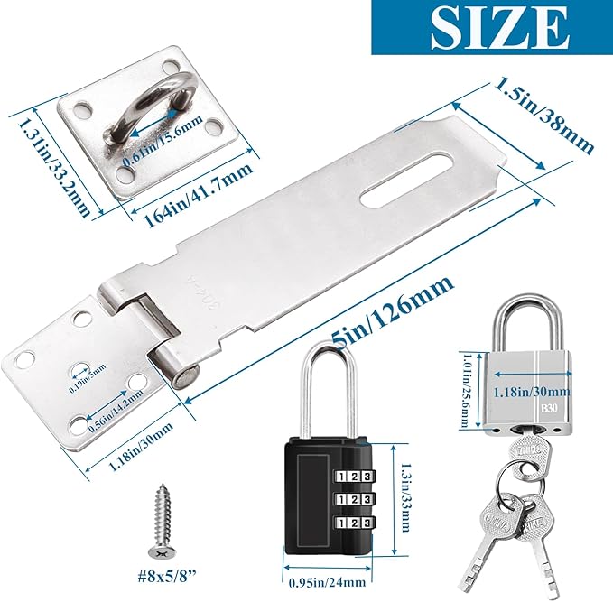 5 Inch Door Locks Hasp Latch 2 Pack,304 Stainless Steel Safety Padlock Clasp Hasp Lock Latch with Combo Lock & Padlock,Heavy Duty Gate Latch Lock with Screws