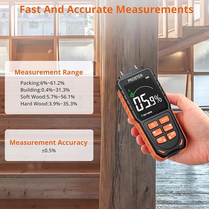 Proster Rechargeable Moisture Meter with Tri-Colour Display – Wall Damp Meter with Visual & Sound Alerts, Professional Damp Detector for Timber, Walls, Cement, and Building Materials