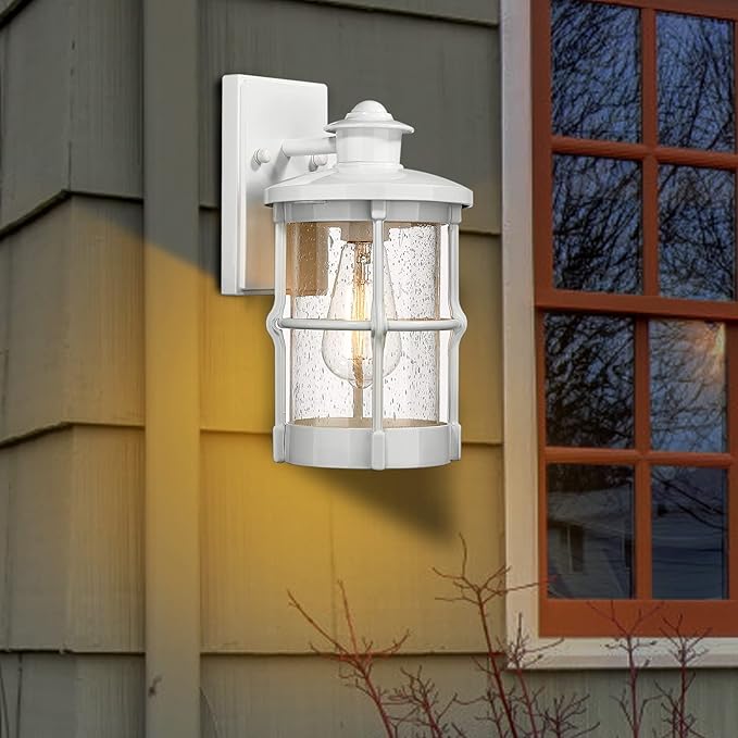 Modern Outdoor Wall Light Fixture with Seeded Glass - White Finish, 2 Pack for Front Porch, Entryway, Garage, Backyard
