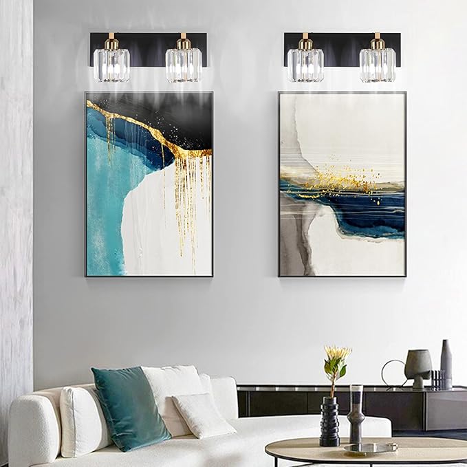 Aipsun Vanity Lighting Fixtures for Bathroom Matte Black Vanity Lights Fixtures Crystal 2 Lights Wall Light Fixture Over Mirror(Exclude Bulb)