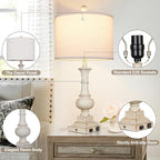 26" Farmhouse Table Lamp, Vintage Rustic Touch Control Bedside Lamp with 2 USB Ports & AC Outlet, Boho Resin 3-Way Dimmable Nightstand Lamp Linen Fabric Shade for Living Room Bedroom End Table White