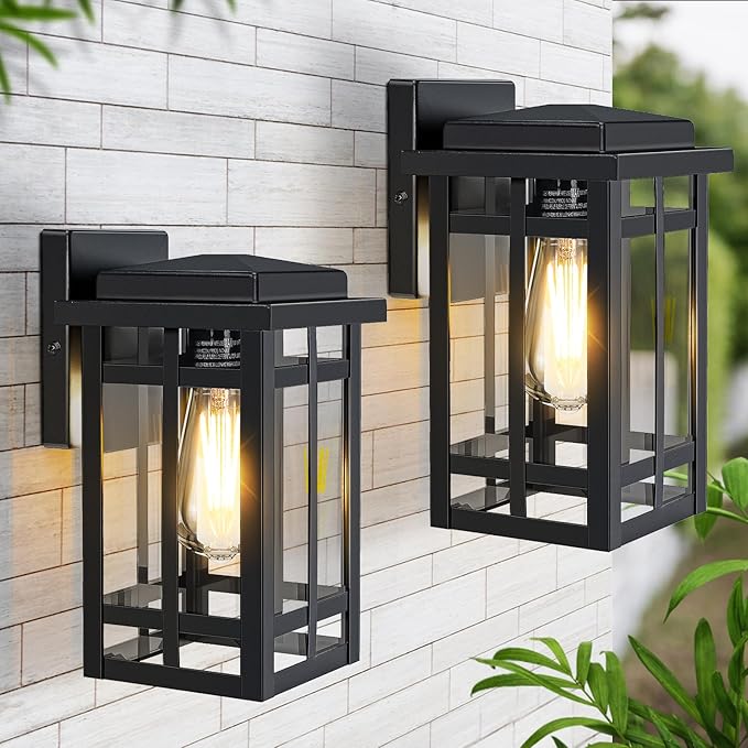 Outdoor Wall Light Fixtures 9.76'', Waterproof Porch Lights Lantern, Exterior Modern Matte Black Wall Mount Lighting, Anti-Rust E26 Socket Outside Scones for Front Door Garage Patio, 2 Pack