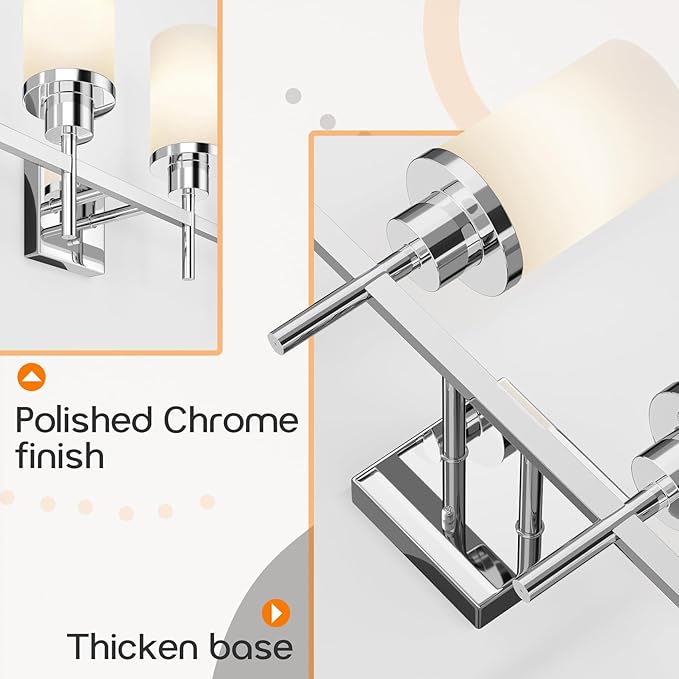 4-Light Vanity Lighting Fixtures with White Frosted Glass Shade, Polished Chrome Bathroom Wall Lamps Over Mirror for Bath Restroom Kitchen T001CH-L4