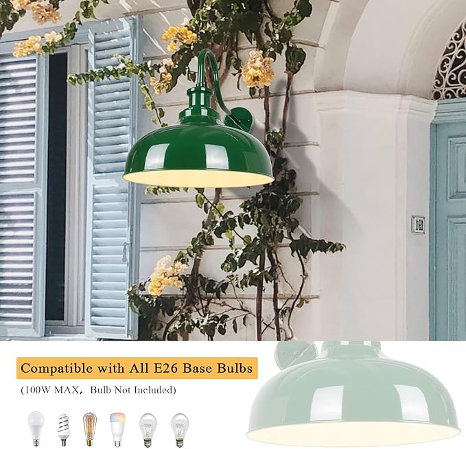 Outdoor Gooseneck Barn Lights, 14 Inch Dome Rustic Outdoor Wall Sconces, Farmhouse Exterior Wall Mount Lighting Fixture, Industrial Green Wall Lantern for Porch, Entryway, Garage, RZ007M-2 GR+WH