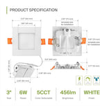 ASD 6 Pack LED Square Recessed Lighting 3 Inch, 5 CCT 2700K-5000K CRI90+, 6W 30W Eqv, Ultra Thin Dimmable Ceiling Lights with J Box, Canless Wafer Downlight, Slim Panel Light, UL Energy Star, White