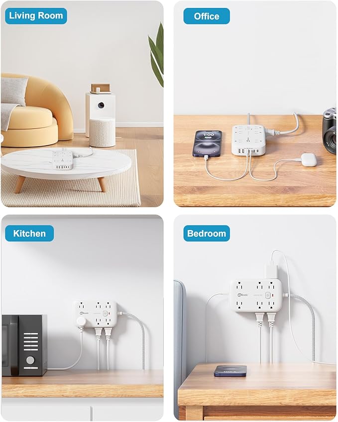 Flat Multi Plug Extender with 6 USB Wall Charger(3 USB C), 12 AC Outlets Wall Adapter, 3 ft Thin Extension Cord, Flat Plug Surge Protector Power Strip (2100J) for Home, Office, College Dorm. White