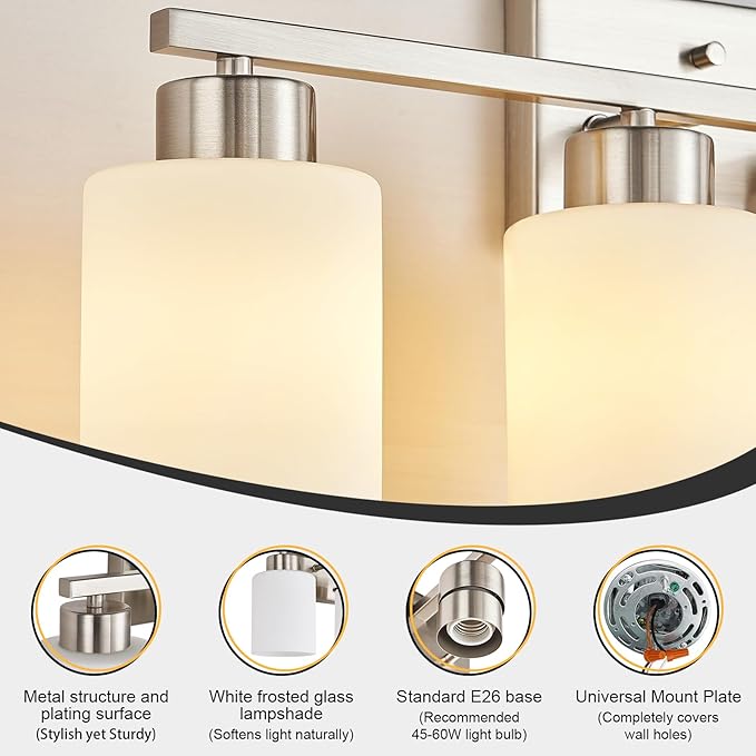 Brushed Nickel Bathroom Light Fixtures, 4-Light Modern Vanity Light Over Mirror, Wall Sconces with Milky White Frosted Glass Shades, E26 Socket (Bulbs Not Included)