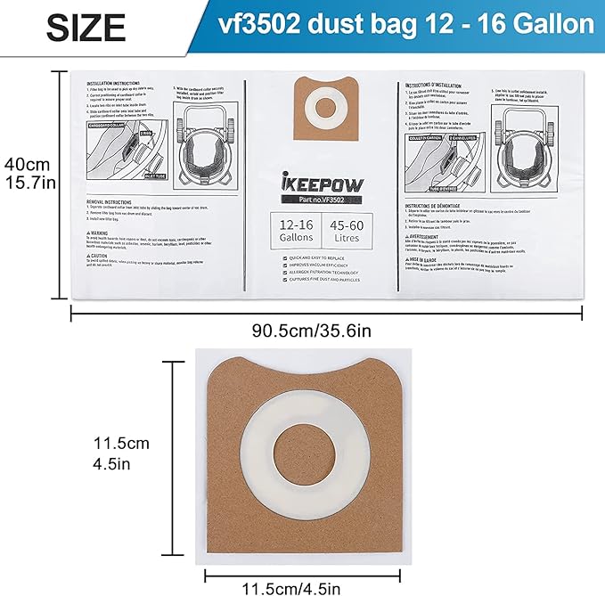 12 Pack VF3502 Shop Vac Bags, Compatible with Ridgid & Craftsman Vacuum 12-16 Gallon, Replacement Fiter Bags, 23743 VF3502 High Efficiency Dust Bags
