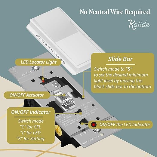 TOPGREENER Kalide Dimmer Paddle Light Switch, LED Slide Dimmer Switch, Full Range Dimming, Single Pole/3-Way, Dimmable 300W LED/CFL Lights, Neutral Wire Not Required, Wall Plate Included, White,1 Pack