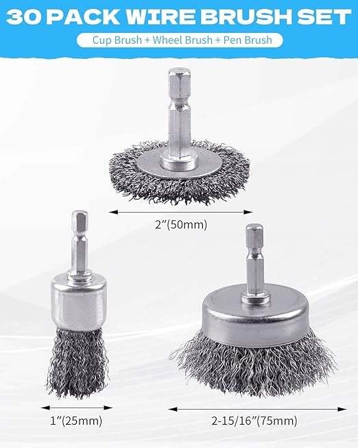 30 Pack Carbon Steel Wire Wheel Brush, Rocaris Cup Brush, Wheel Brush, Pen Brush Set with 1/4-Inch Hex Shank for Rust Removal, Corrosion and Scrub Surfaces