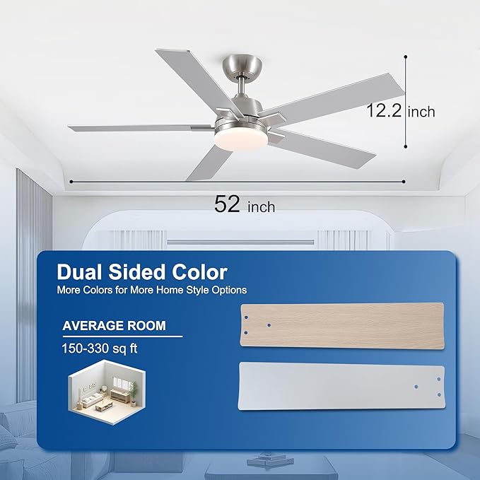52 Inch Ceiling Fans with Lights and Remote, Brushed Nickel Ceiling Fan, 6 Speed Reversible DC Motor, 3CCT Dimmable LED, Modern Design for Bedroom, Living room & Covered Outdoor,Includes Downrod