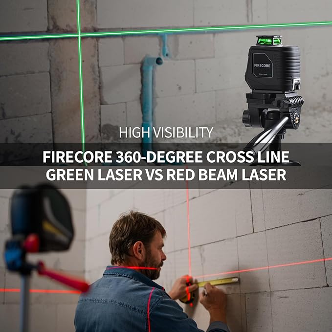 Firecore 360° Laser Level with Tripod, 100Ft Self Leveling Laser Level Green Cross Line Laser Leveler Tool for Picture Hanging Wall Tile Floor Construction, 60" Compact Tripod & Carry Pouch Included