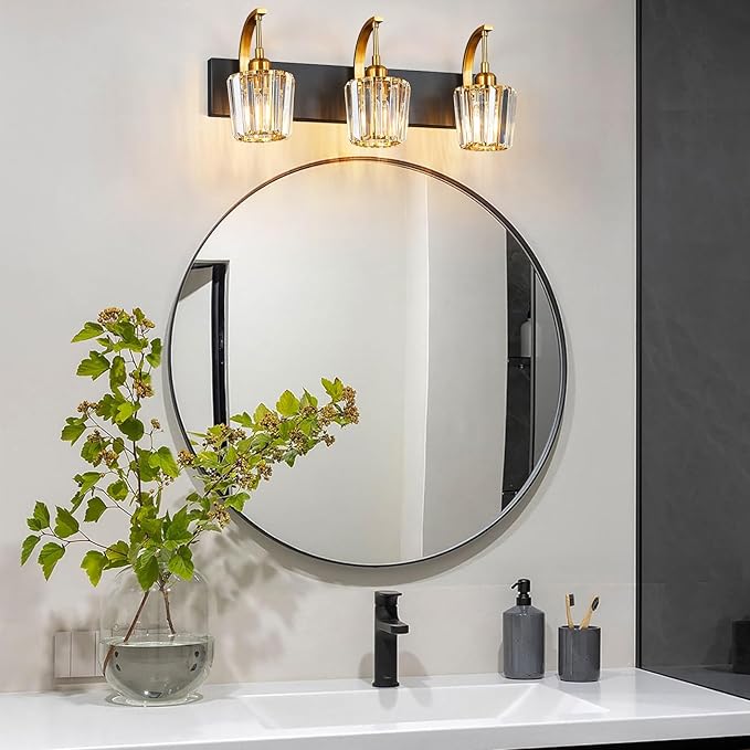 Modern Bathroom Vanity Light, 3-Light Black Gold Wall Sconce with Crystal Accents, Over Mirror Bathroom Lighting Fixture, 23.62" Long Dimmable Vanity Lamp for Makeup, Easy Installation