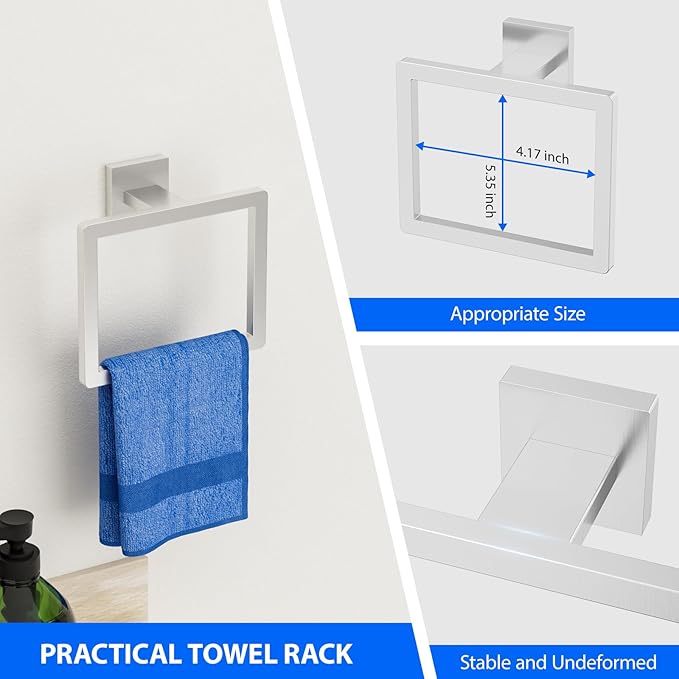 Brushed Nickel 5-Pieces Bathroom Hardware Set, SUS304 Rustproof Steel 16" Rectangle Bathroom Towel Racks Accessories Set, Luxury Hotel Grade Organization Hardware Kit