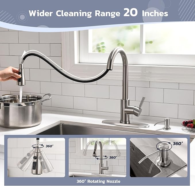 WEWE Kitchen Sink Faucet with Soap Dispenser, Kitchen Faucet with Pull Down Sprayer 3 Modes Stainless Steel Single Handle Single Hole Pull Out Brushed Nickel Faucet for Bar Laundry RV Utility Sink