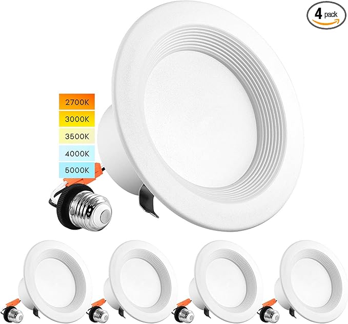 LUXRITE 4 Inch LED Recessed Can Lights, 10W=60W, CCT Color Selectable 2700K | 3000K | 3500K | 4000K | 5000K, Dimmable Retrofit Downlights, 750 Lumens, Energy Star, Wet Rated, Baffle Trim (4 Pack)