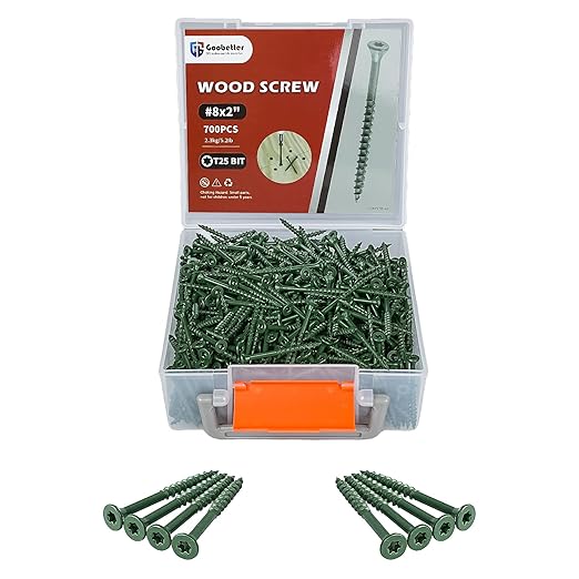 Wood Screws 2 inch, 700pcs Countersunk Self Tapping Screws #8 x 2, Carbon Steel, Against Rust and Corrosion Screw, Green Coated Exterior Wood/Deck Screws, Star Drive with Bit