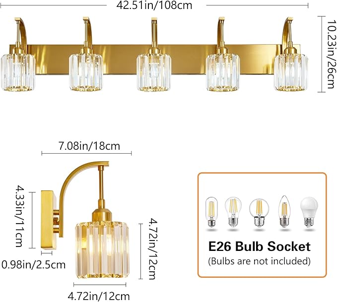 5-Light Crystal Vanity Light, Modern Gold Bathroom Wall Sconce with K9 Crystal Shades, 42.51" Long Over Mirror Lighting for Vanity, Makeup, Hallway, Elegant & Easy Installation