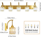 5-Light Crystal Vanity Light, Modern Gold Bathroom Wall Sconce with K9 Crystal Shades, 42.51" Long Over Mirror Lighting for Vanity, Makeup, Hallway, Elegant & Easy Installation