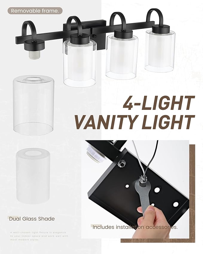 TENGXIN 4-Light Bathroom Light Fixtures, Matte Black Vanity Lights Over Mirror, Farmhouse Wall Sconces with Dual Glass Shade, Modern Wall Lamp for Bathroom Hallway Living Room Cabinet,TXVLBK03