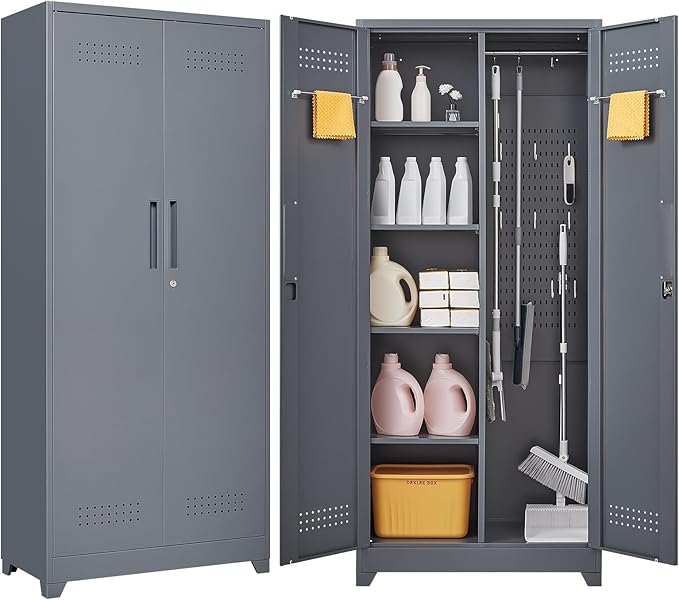FLEXIMOUNTS 73'' Tall Metal Storage Cabinet with Locking Door, Large Cleaning Tool Organizer for Brooms, Garage, Laundry Room, Bathroom, Dark Grey