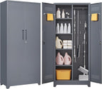 FLEXIMOUNTS 73'' Tall Metal Storage Cabinet with Locking Door, Large Cleaning Tool Organizer for Brooms, Garage, Laundry Room, Bathroom, Dark Grey