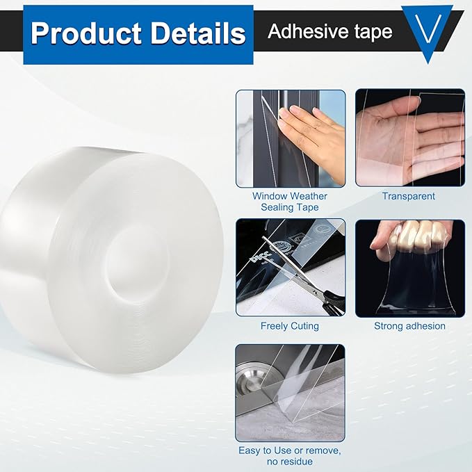 Window Weather Sealing Tape 2 Inch x 33 FT Weather Stripping Residue-Free Clear Window Insulation Caulk Tape for Doors Windows and Shower Glass Gaps Bathroom