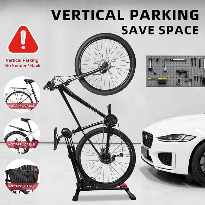 Foldable 2-in-1 Floor Bike Stand, Vertical & Horizontal Bicycle Storage Rack for Garage Storage, Indoor, Sturdy Carbon Steel, Fits Up To 29" Mountain/Road Bikes, No Drilling, Space-Saving