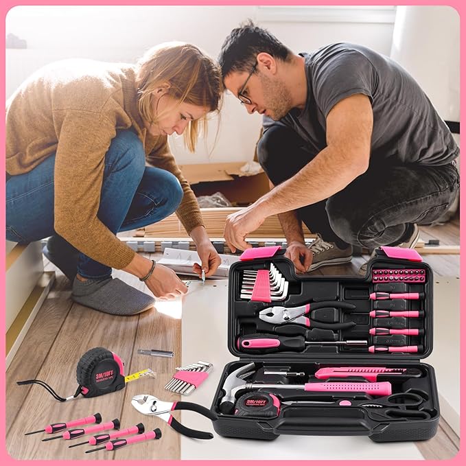 SenHodyu Pink Tool Set for Women-40 Piece General Household Hand Tool Box with Plastic Toolbox Storage Case Tool Kit (Pink)