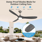 52 inch Ceiling Fan with Light, Outdoor Ceiling Fans for Patios 3 Blade Dimmable Solid Wood Ceiling Fan with Lights, Farmhouse Propeller Ceiling Fans for Indoor, Porch, Exterior, DC Motor