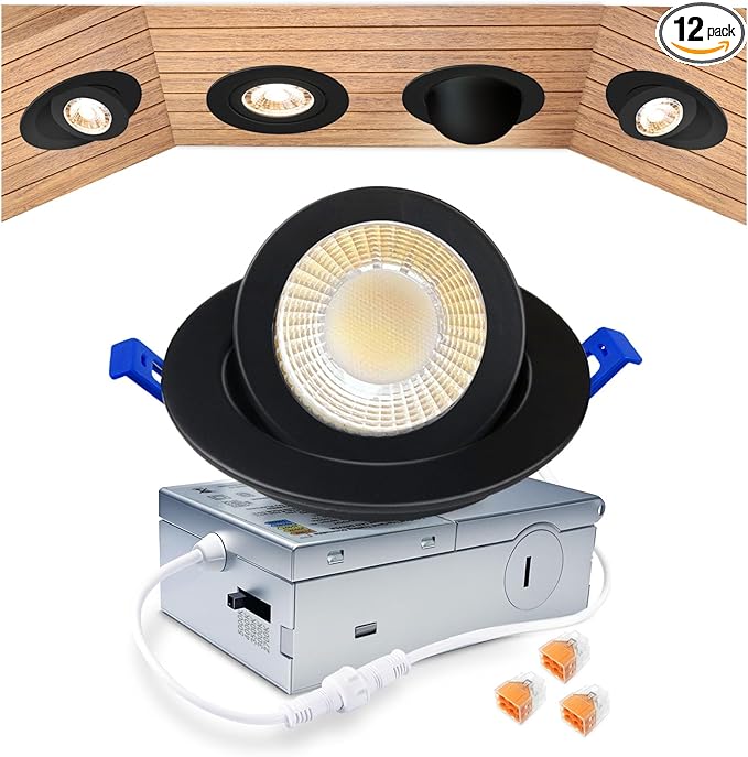 zouzai 3 Inch Gimbal Black Led Recessed Lighting, 360°+90° Adjustable Directional Led Recessed Lights, 2700K/3000K/3500K/4000K/5000K Dimmable Retrofit Eyeball Can Lights with Jbox,ETL (Black, 1 Pack)